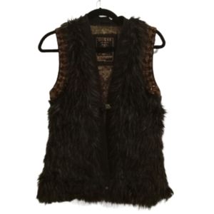Guess Faux Fur Embellished Y2K Beaded Sleeveless Jacket Vest Mob Wife